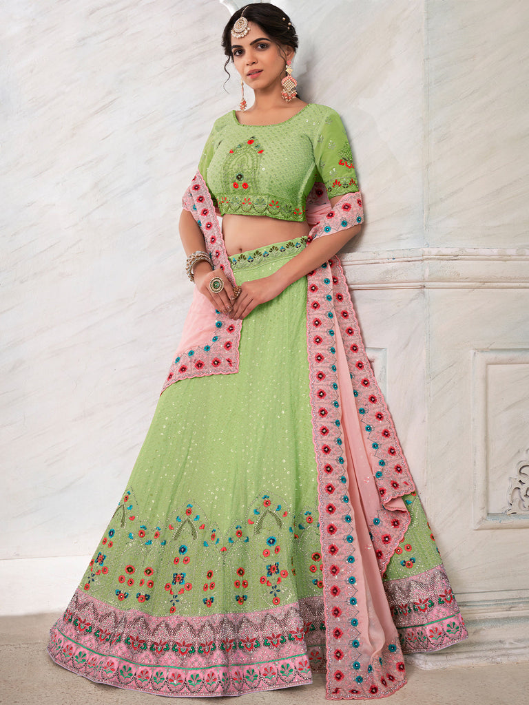 Green Georgette Embroidered Semi Stitched Lehenga With Unstitched Blouse Clothsvilla