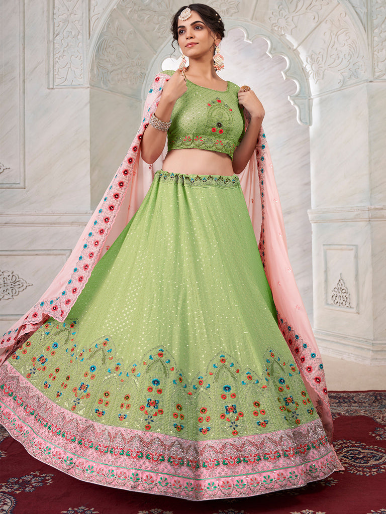 Green Georgette Embroidered Semi Stitched Lehenga With Unstitched Blouse Clothsvilla