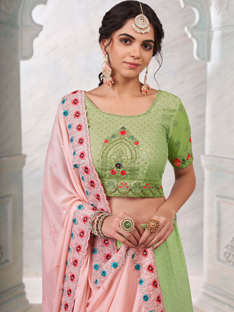 Green Georgette Embroidered Semi Stitched Lehenga With Unstitched Blouse Clothsvilla