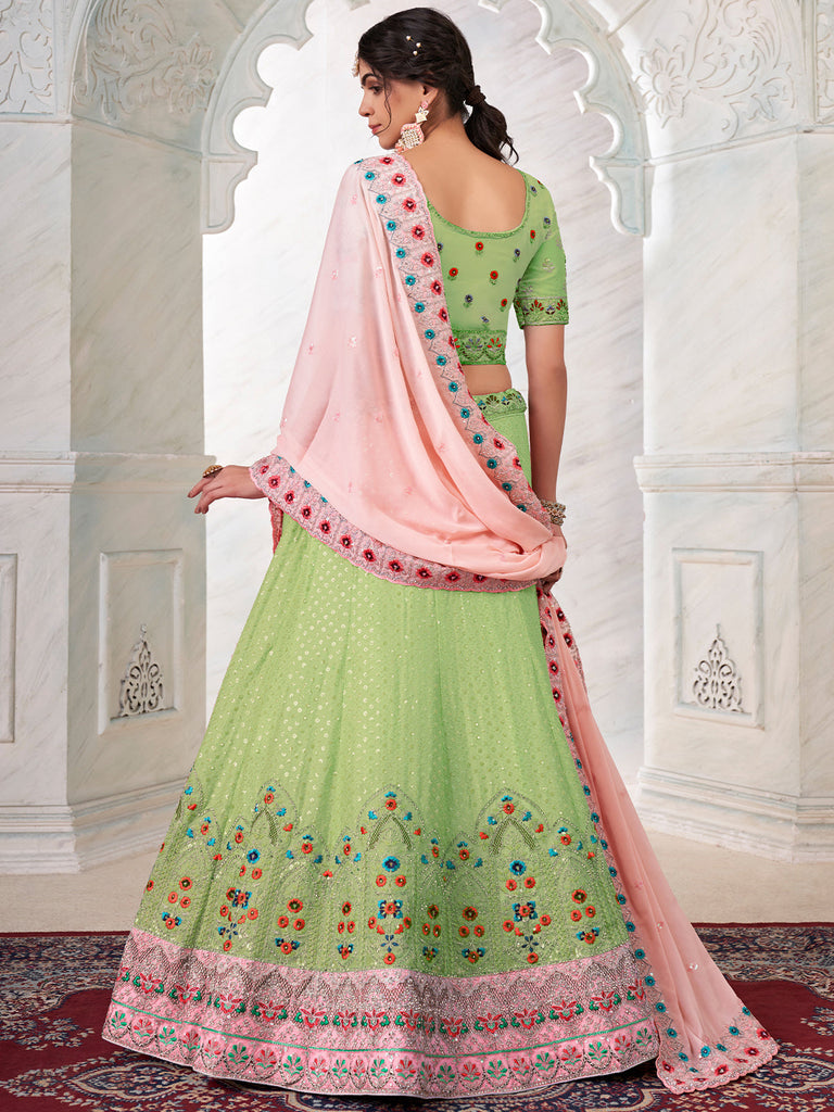 Green Georgette Embroidered Semi Stitched Lehenga With Unstitched Blouse Clothsvilla