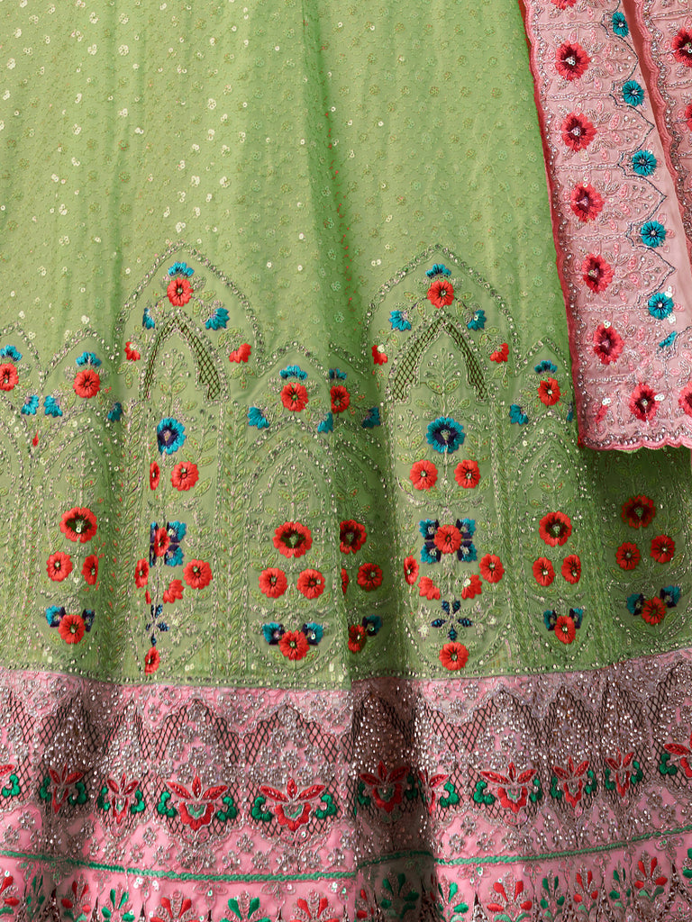 Green Georgette Embroidered Semi Stitched Lehenga With Unstitched Blouse Clothsvilla