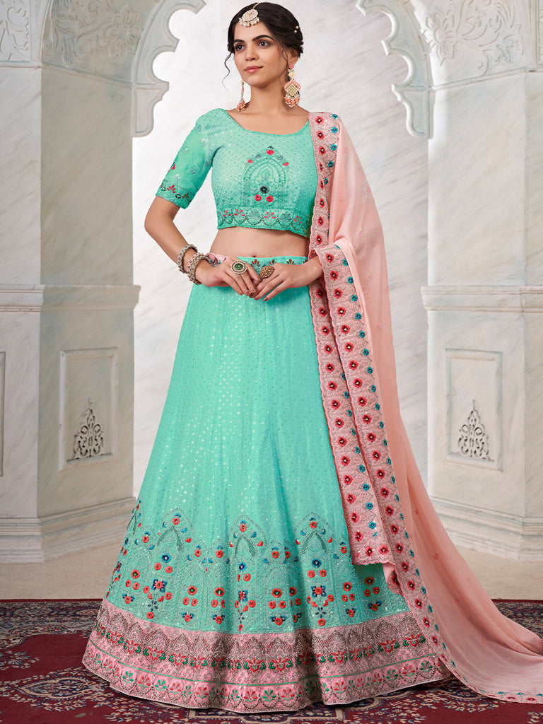 Turquoise Georgette Embroidered Semi Stitched Lehenga With Unstitched Blouse Clothsvilla