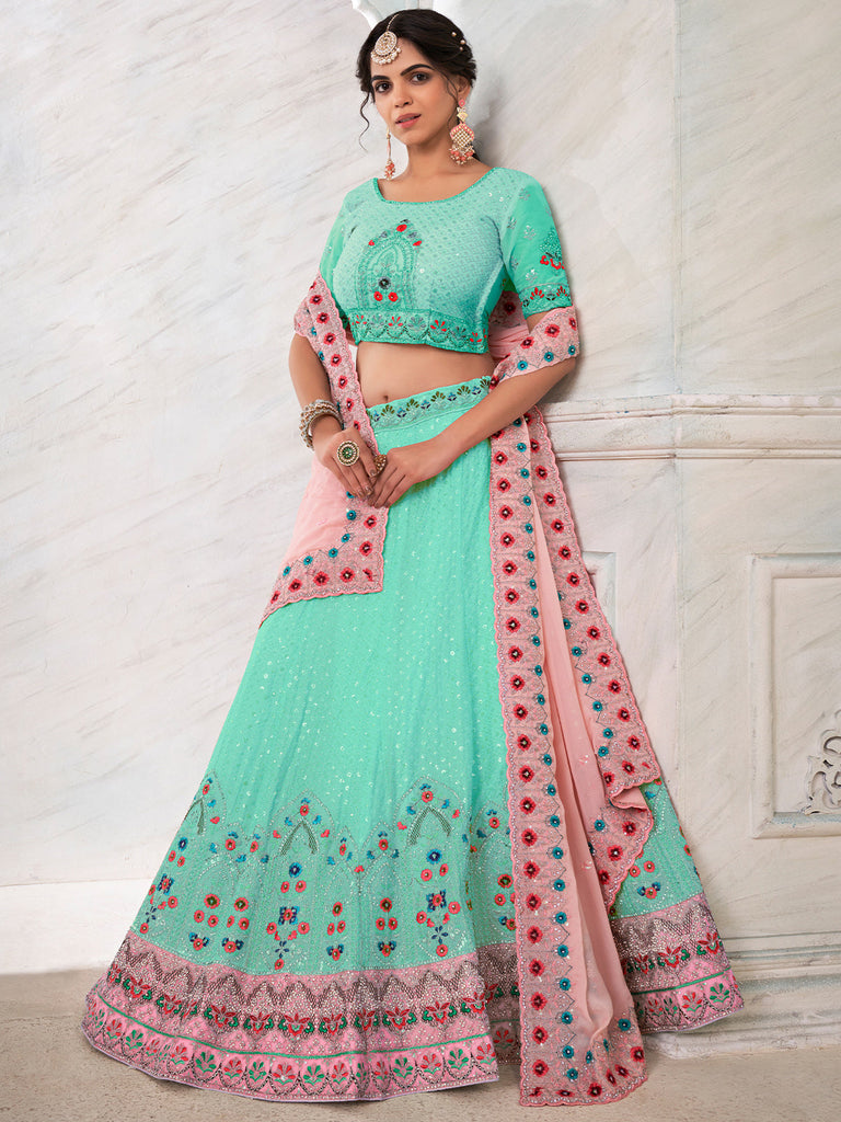 Turquoise Georgette Embroidered Semi Stitched Lehenga With Unstitched Blouse Clothsvilla