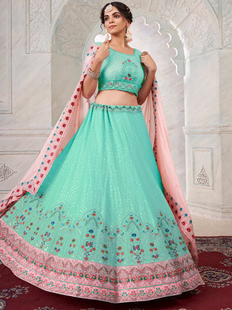 Turquoise Georgette Embroidered Semi Stitched Lehenga With Unstitched Blouse Clothsvilla