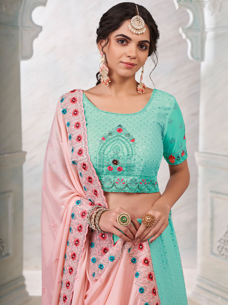 Turquoise Georgette Embroidered Semi Stitched Lehenga With Unstitched Blouse Clothsvilla