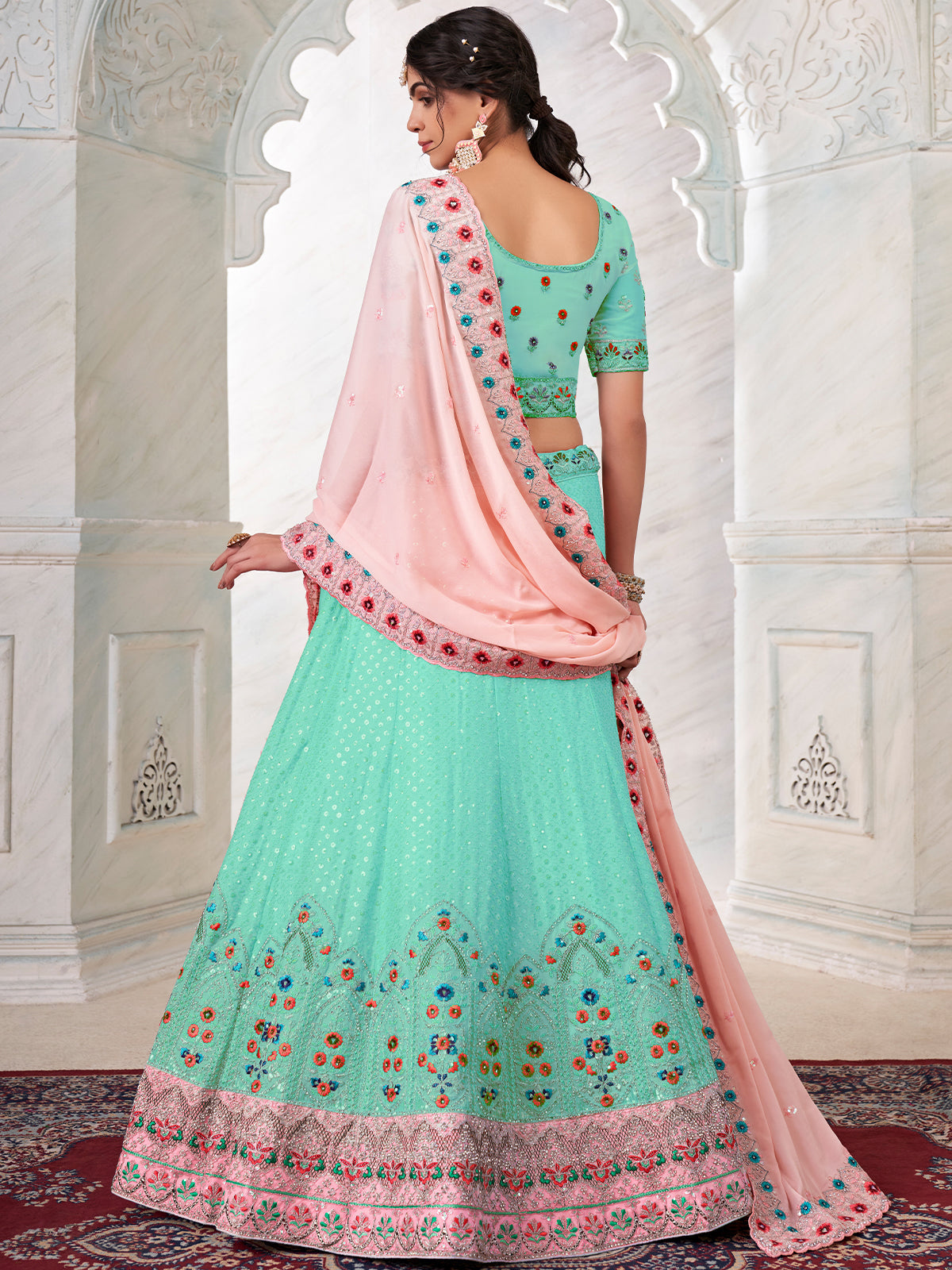 Turquoise Georgette Embroidered Semi Stitched Lehenga With Unstitched Blouse Clothsvilla