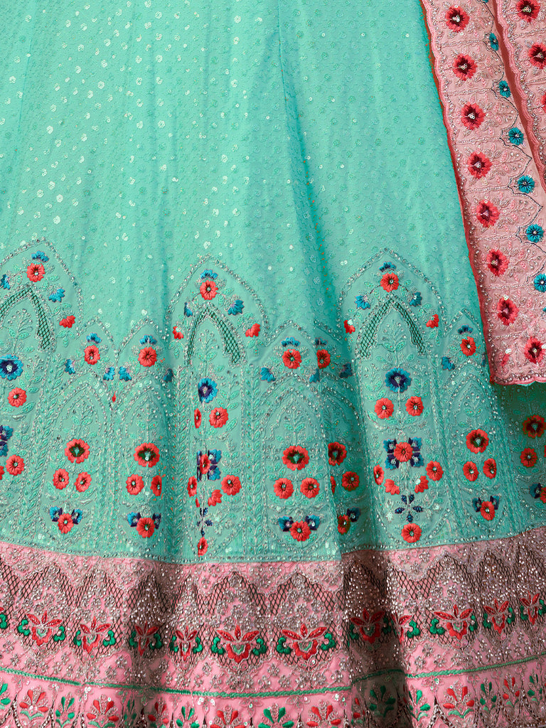 Turquoise Georgette Embroidered Semi Stitched Lehenga With Unstitched Blouse Clothsvilla