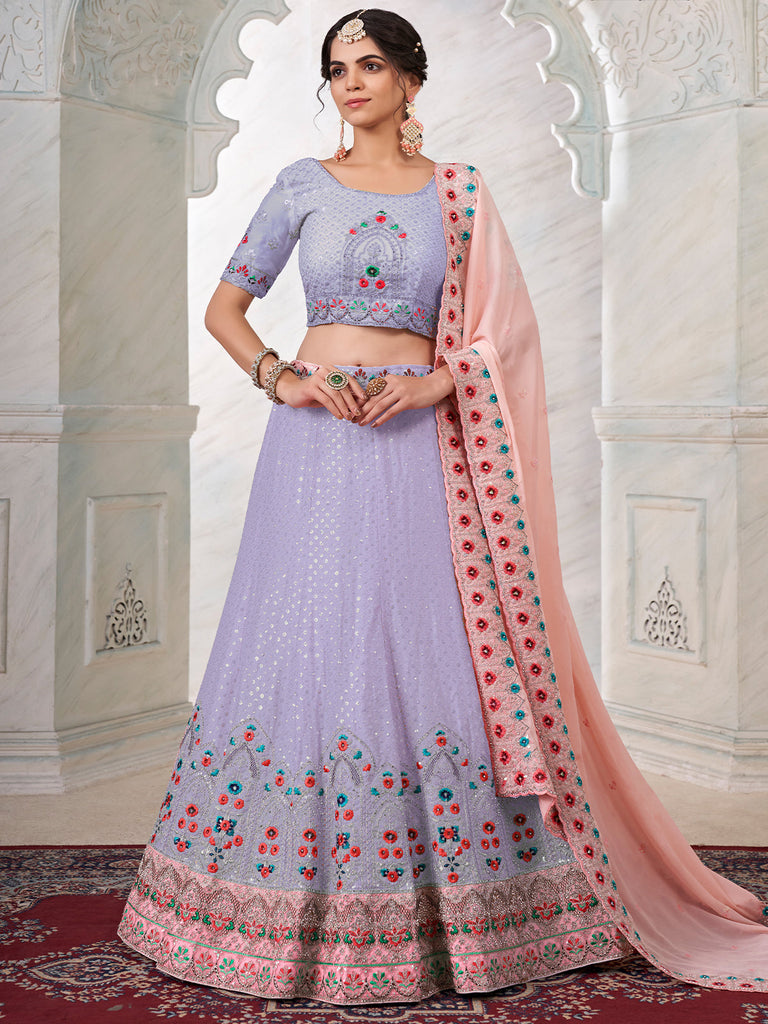 Purple Georgette Embroidered Semi Stitched Lehenga With Unstitched Blouse Clothsvilla