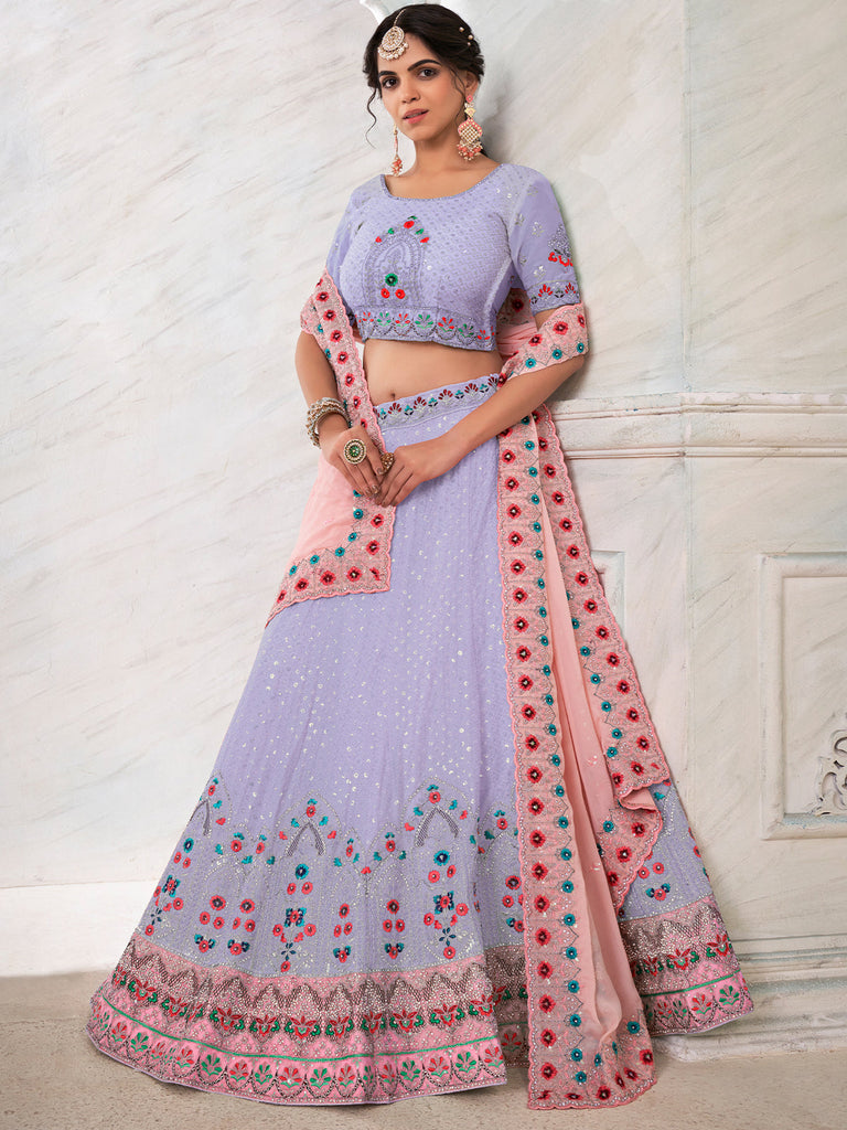 Purple Georgette Embroidered Semi Stitched Lehenga With Unstitched Blouse Clothsvilla