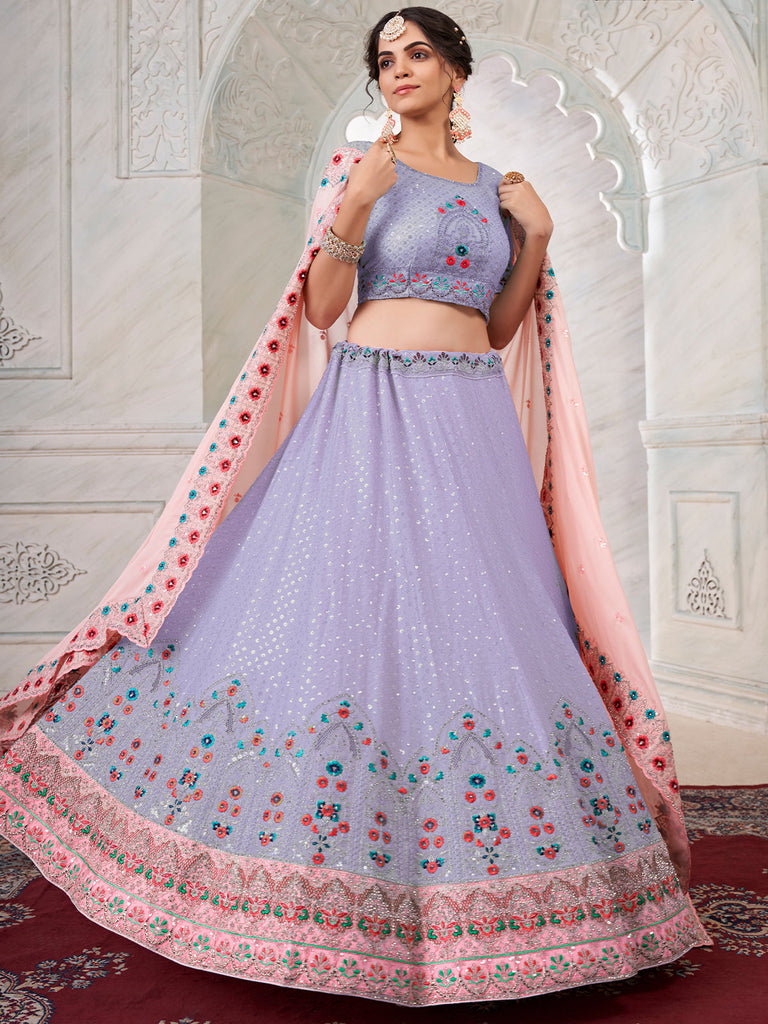 Purple Georgette Embroidered Semi Stitched Lehenga With Unstitched Blouse Clothsvilla