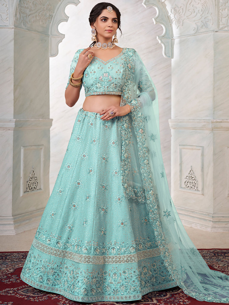 Turquoise Georgette Embroidered Semi Stitched Lehenga With Unstitched Blouse Clothsvilla