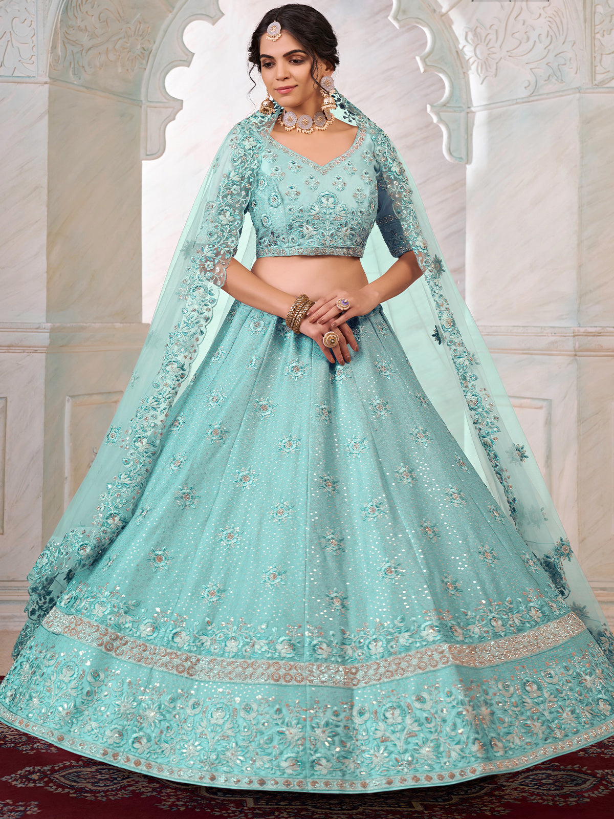 Turquoise Georgette Embroidered Semi Stitched Lehenga With Unstitched Blouse Clothsvilla