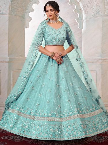 Turquoise Georgette Embroidered Semi Stitched Lehenga With Unstitched Blouse Clothsvilla