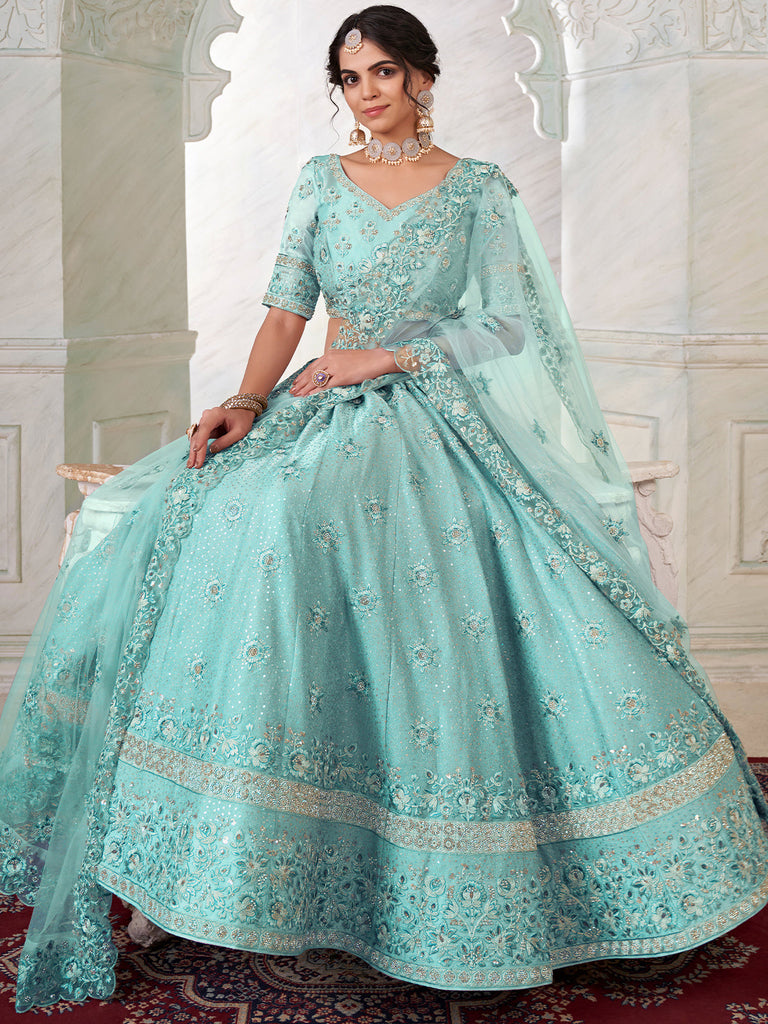 Turquoise Georgette Embroidered Semi Stitched Lehenga With Unstitched Blouse Clothsvilla