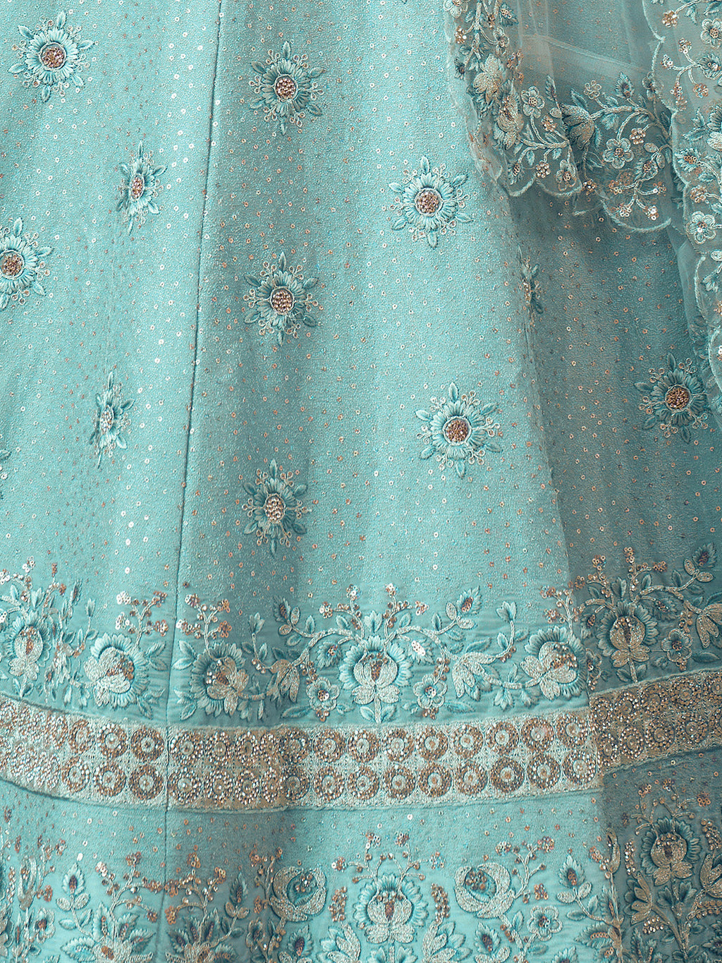 Turquoise Georgette Embroidered Semi Stitched Lehenga With Unstitched Blouse Clothsvilla