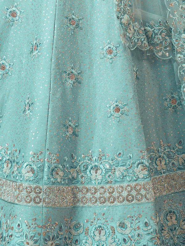 Turquoise Georgette Embroidered Semi Stitched Lehenga With Unstitched Blouse Clothsvilla