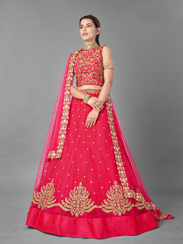 Red Thread Embroidered Soft Net Semi Stitched Lehenga With Unstitched Blouse Clothsvilla