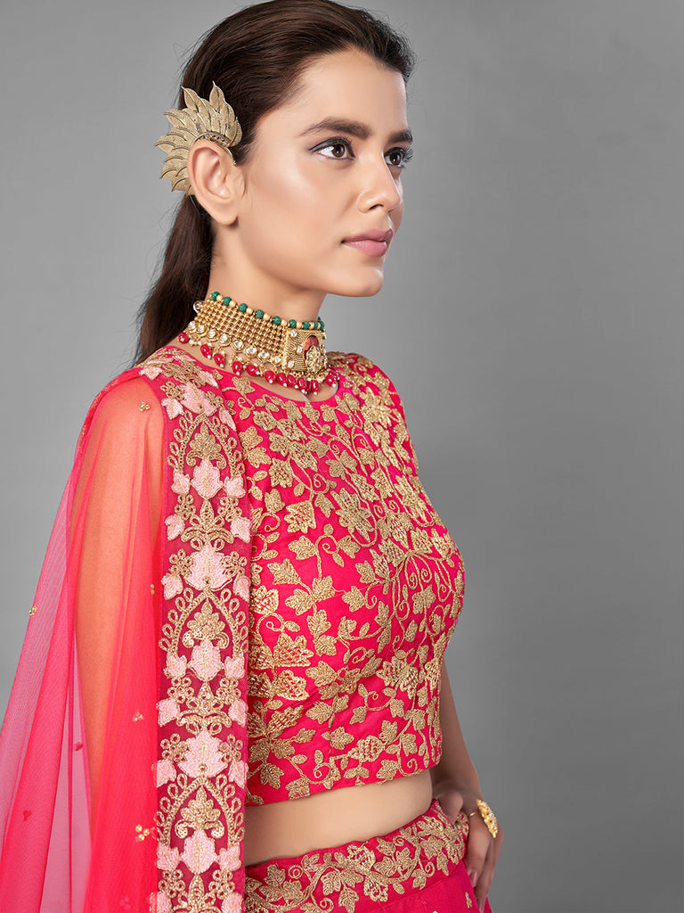 Red Thread Embroidered Soft Net Semi Stitched Lehenga With Unstitched Blouse Clothsvilla