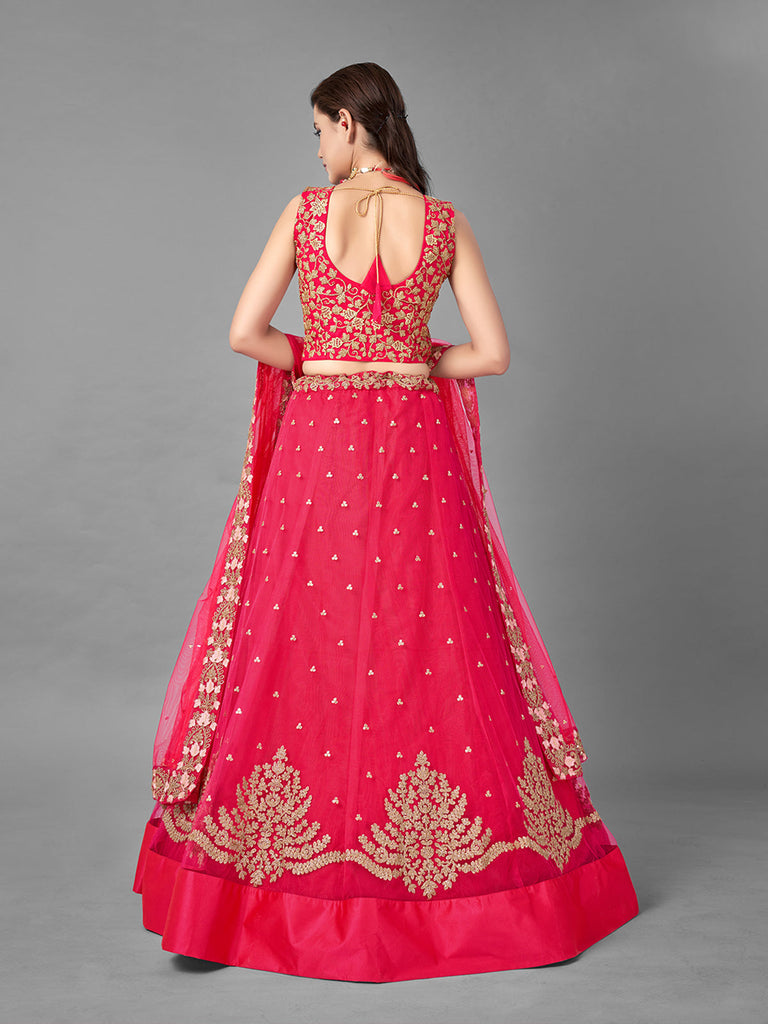 Red Thread Embroidered Soft Net Semi Stitched Lehenga With Unstitched Blouse Clothsvilla