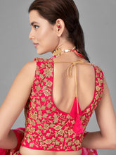 Load image into Gallery viewer, Red Thread Embroidered Soft Net Semi Stitched Lehenga With Unstitched Blouse Clothsvilla