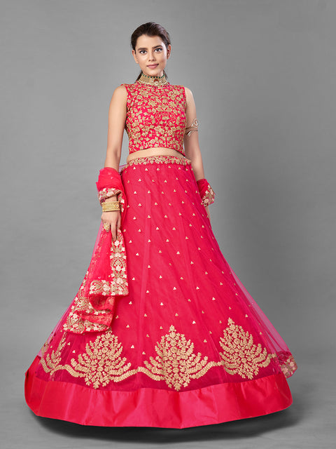 Red Thread Embroidered Soft Net Semi Stitched Lehenga With Unstitched Blouse Clothsvilla Main image