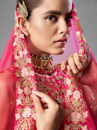 Red Thread Embroidered Soft Net Semi Stitched Lehenga With Unstitched Blouse Clothsvilla