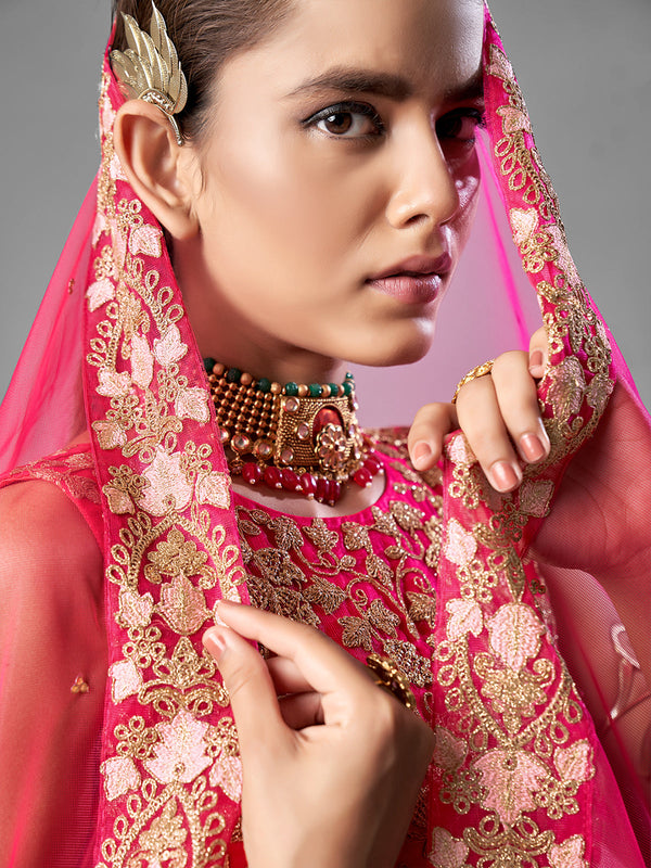 Red Thread Embroidered Soft Net Semi Stitched Lehenga With Unstitched Blouse Clothsvilla
