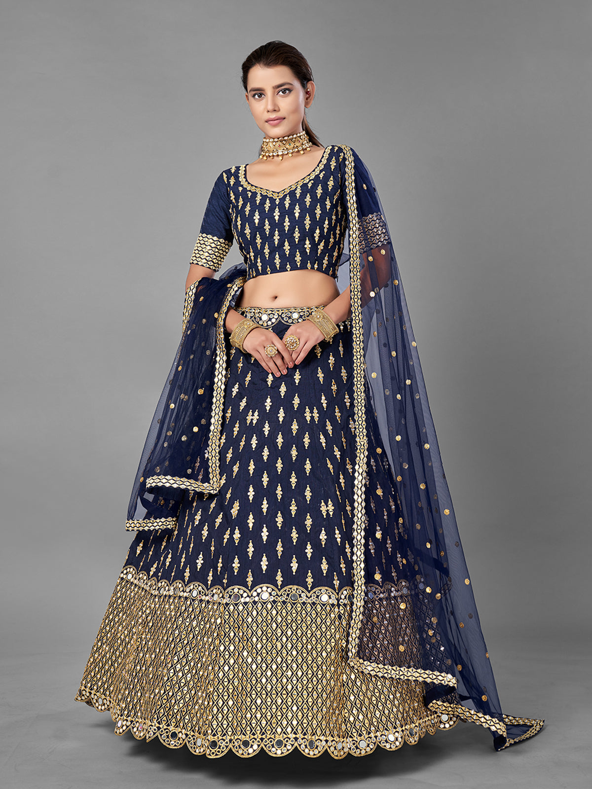 Dark Blue Art Silk Semi Stitched Lehenga With Unstitched Blouse Clothsvilla Main image