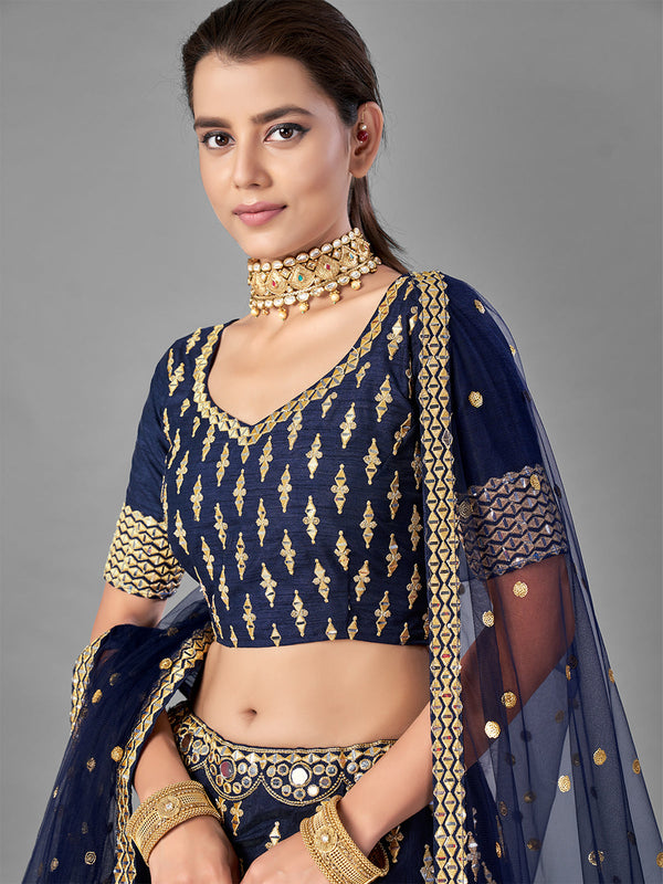 Dark Blue Art Silk Semi Stitched Lehenga With Unstitched Blouse Clothsvilla