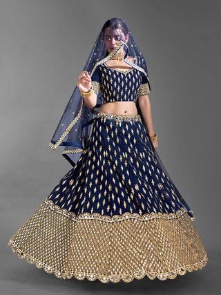 Dark Blue Art Silk Semi Stitched Lehenga With Unstitched Blouse Clothsvilla