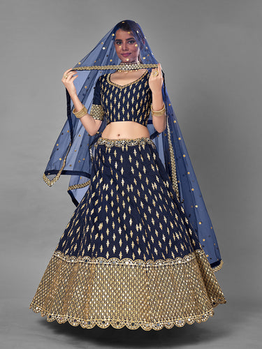 Dark Blue Art Silk Semi Stitched Lehenga With Unstitched Blouse Clothsvilla