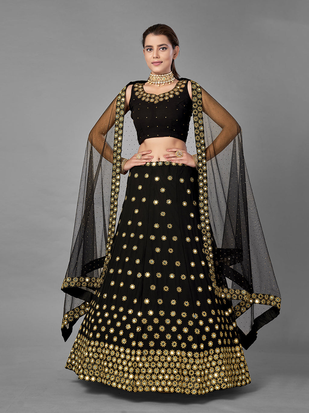 Black Embroidered Georgette Semi Stitched Lehenga With Unstitched Blouse Clothsvilla