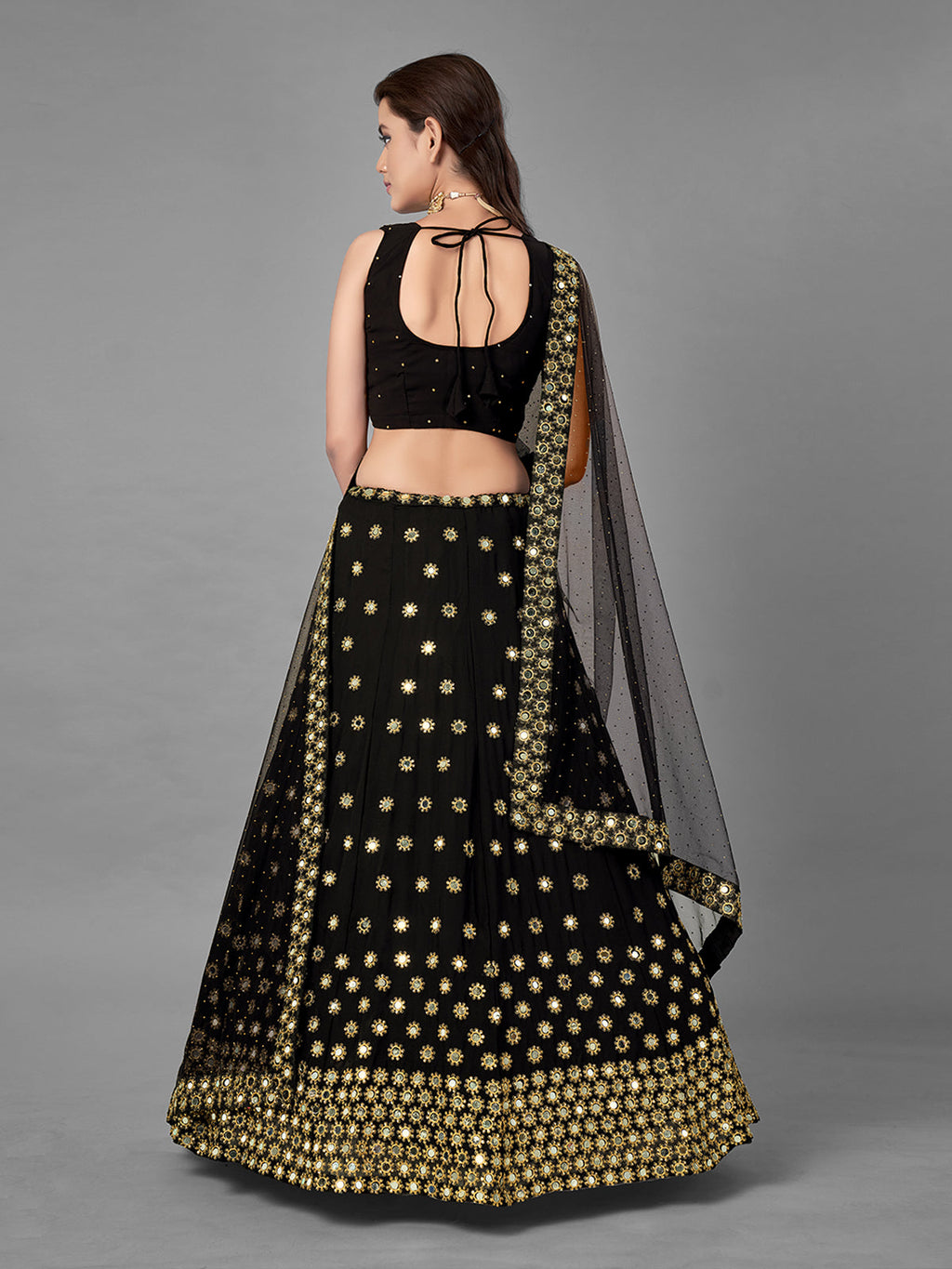 Black Embroidered Georgette Semi Stitched Lehenga With Unstitched Blouse Clothsvilla