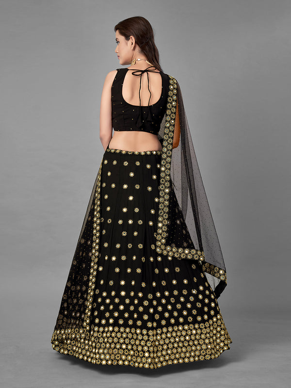 Black Embroidered Georgette Semi Stitched Lehenga With Unstitched Blouse Clothsvilla