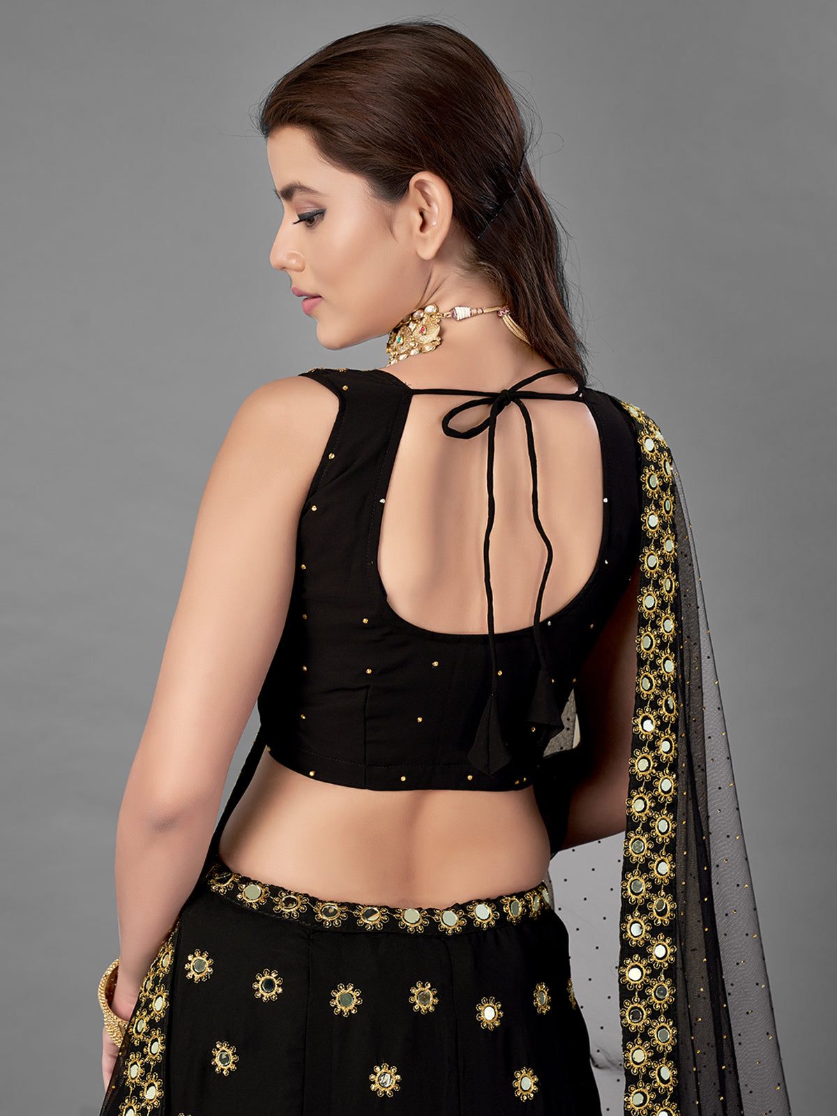 Black Embroidered Georgette Semi Stitched Lehenga With Unstitched Blouse Clothsvilla