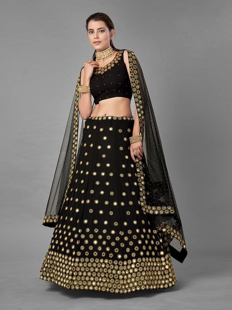 Black Embroidered Georgette Semi Stitched Lehenga With Unstitched Blouse Clothsvilla