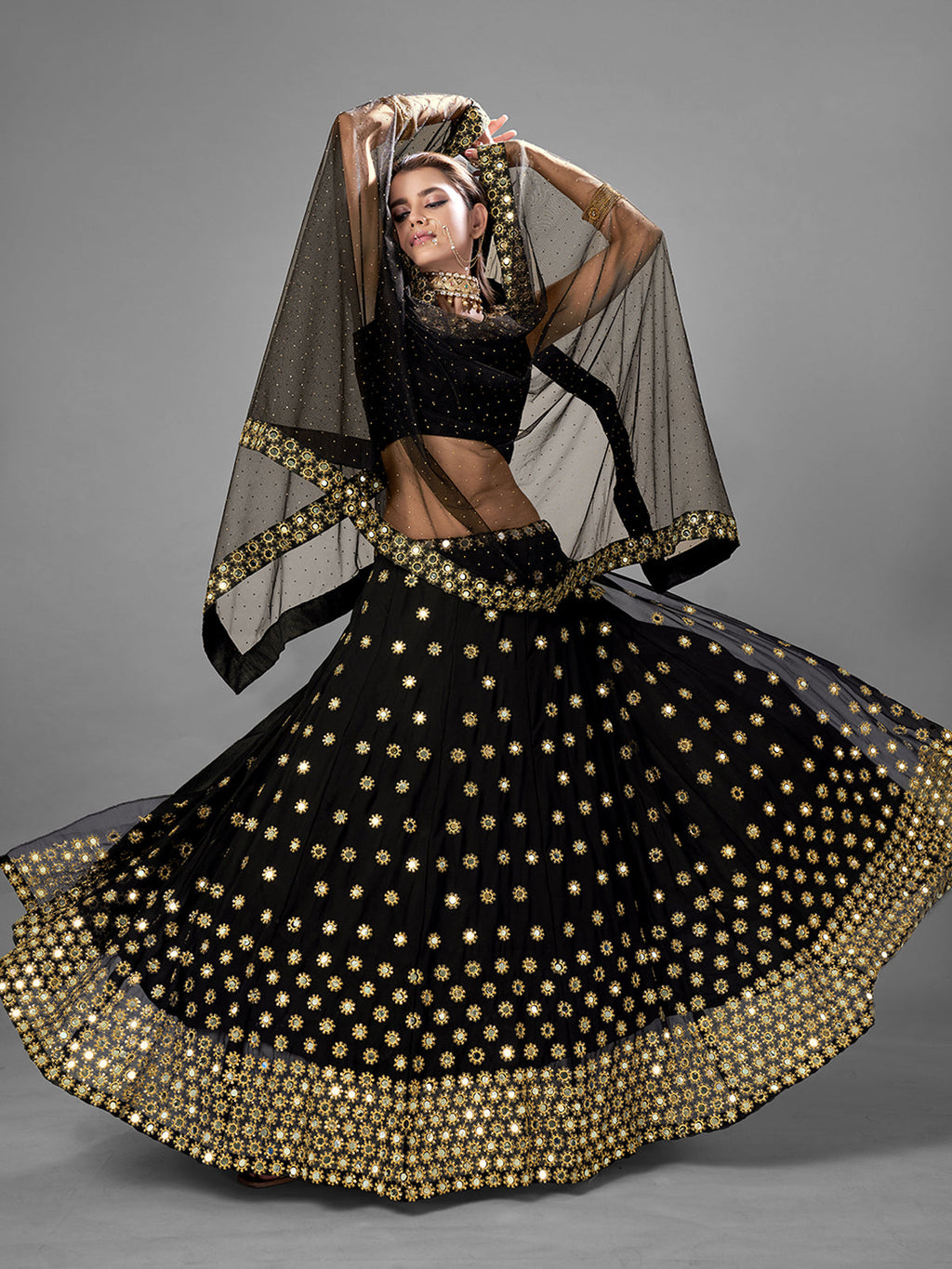 Black Embroidered Georgette Semi Stitched Lehenga With Unstitched Blouse Clothsvilla