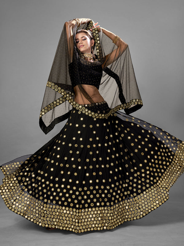 Black Embroidered Georgette Semi Stitched Lehenga With Unstitched Blouse Clothsvilla