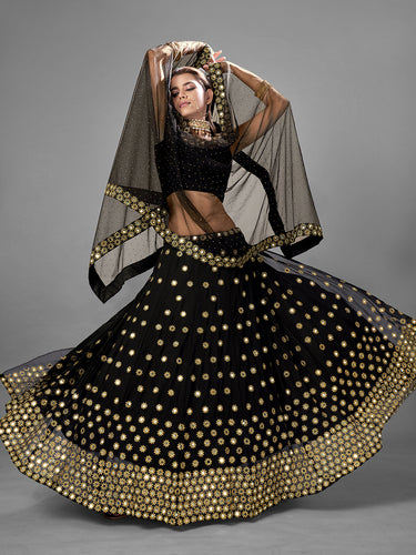 Black Embroidered Georgette Semi Stitched Lehenga With Unstitched Blouse Clothsvilla