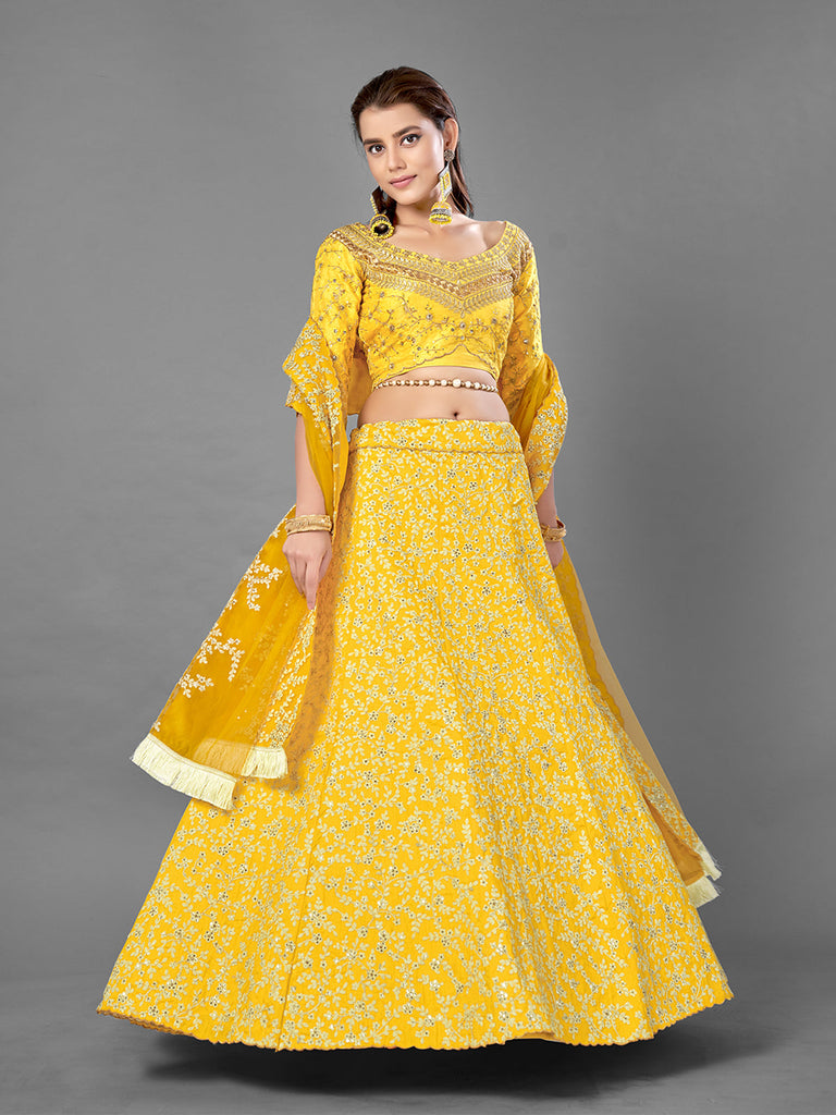 Yellow Art Silk Embroidered Semi Stitched Lehenga With Unstitched Blouse Clothsvilla