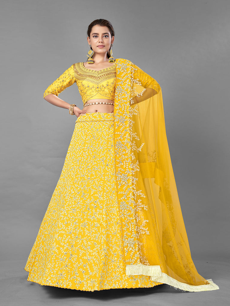 Yellow Art Silk Embroidered Semi Stitched Lehenga With Unstitched Blouse Clothsvilla