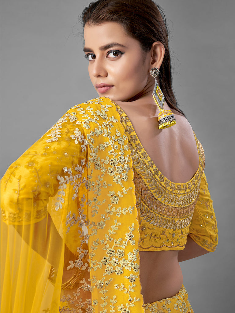 Yellow Art Silk Embroidered Semi Stitched Lehenga With Unstitched Blouse Clothsvilla