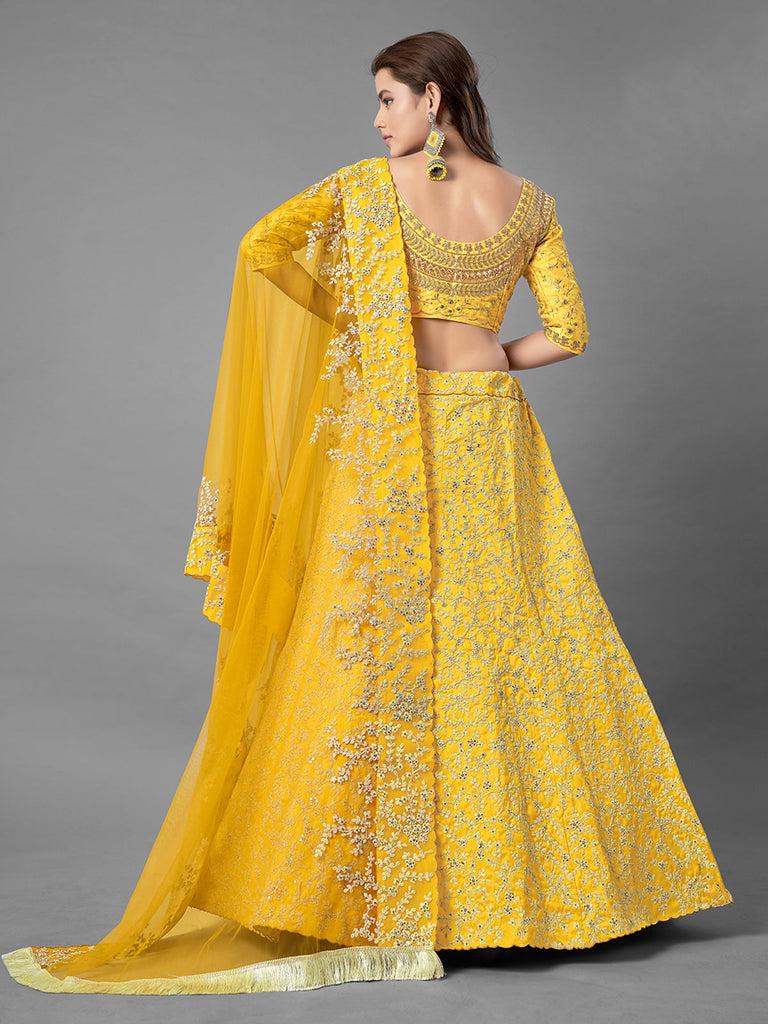 Yellow Art Silk Embroidered Semi Stitched Lehenga With Unstitched Blouse Clothsvilla