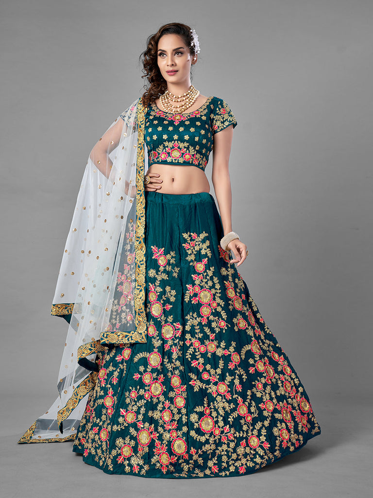 Teal Satin Velvet Semi Stitched Lehenga With Unstitched Blouse Clothsvilla