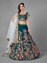 Load image into Gallery viewer, Teal Satin Velvet Semi Stitched Lehenga With Unstitched Blouse Clothsvilla