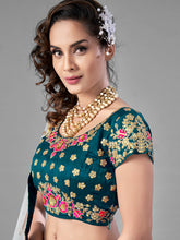 Load image into Gallery viewer, Teal Satin Velvet Semi Stitched Lehenga With Unstitched Blouse Clothsvilla