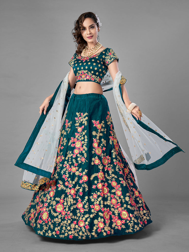 Teal Satin Velvet Semi Stitched Lehenga With Unstitched Blouse Clothsvilla