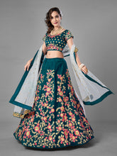 Load image into Gallery viewer, Teal Satin Velvet Semi Stitched Lehenga With Unstitched Blouse Clothsvilla