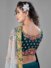 Load image into Gallery viewer, Teal Satin Velvet Semi Stitched Lehenga With Unstitched Blouse Clothsvilla