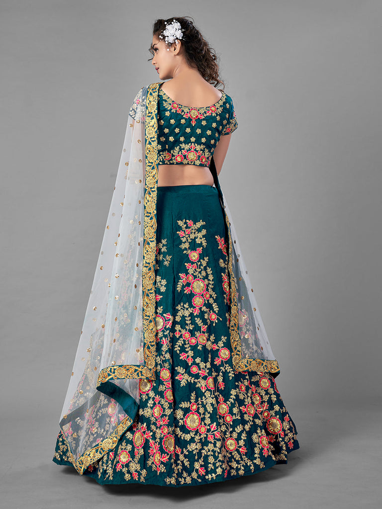 Teal Satin Velvet Semi Stitched Lehenga With Unstitched Blouse Clothsvilla